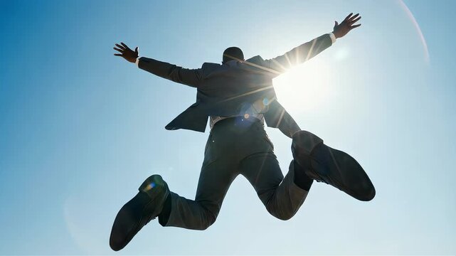 The back of a businessman jumping powerfully with his arms outstretched towards the shining sun and blue sky