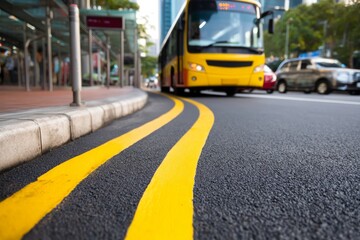 Fototapeta premium Yellow Curved Lines on Roadside of City Street with Bus Approaching Arrival Bay