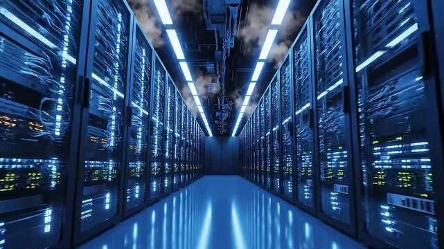 A camera moves down an aisle of glowing blue server racks.
