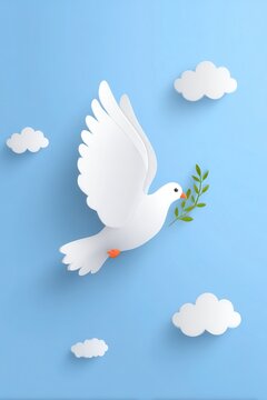 White Dove Symbolizing Peace And Hope In A Blue Sky With Clouds