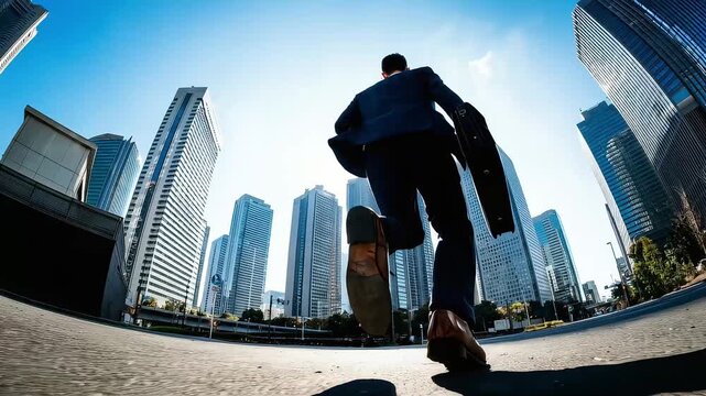 Running and leaping against the backdrop of skyscrapers. Challenges and speed in business.