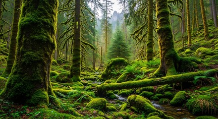 Obraz premium Lush green forest with moss covered trees and a stream.