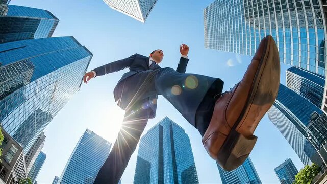An exaggerated representation of an executive walking through a skyscraper. A giant leader leading the market.