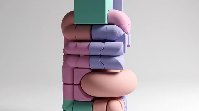 Minimalist 3D geometric shapes shifting and interlocking in pastel matte colors.