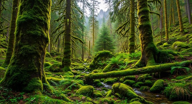Lush green forest with moss covered trees and a stream.