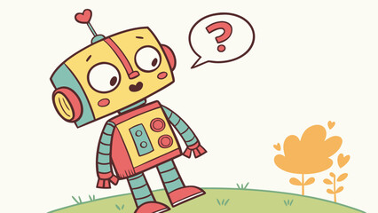 Naklejka premium A cartoon robot for children, with vibrant colors, a curious expression, and a simple, friendly design.