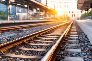 Fototapeta premium Beautiful Sunset Over Train Tracks Leading Towards Platform Before Arrival Moment