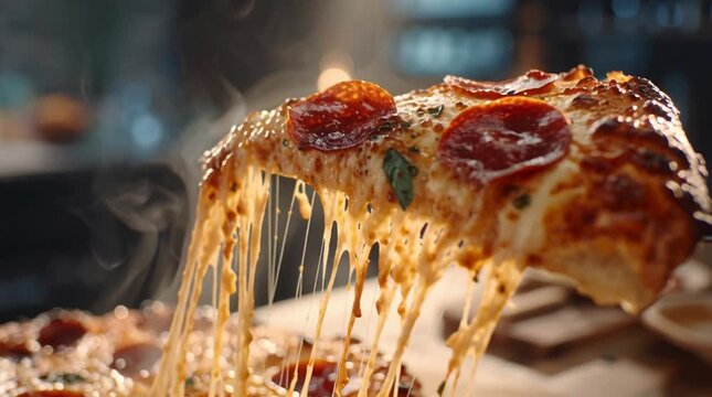 A slice of hot pepperoni pizza being pulled away from the rest of the pie, melted cheese stretching, in a wooden kitchen setting.
