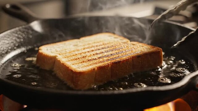 Sizzling toast frying in a cast iron pan, creating a delicious meal. The toast has grill marks and a steaming appearance