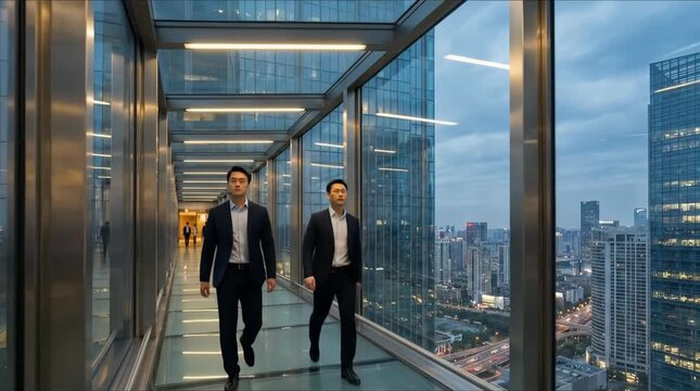 Two asian businessmen walking through a modern glass skybridge in a corporate building at dusk with a city skyline visible