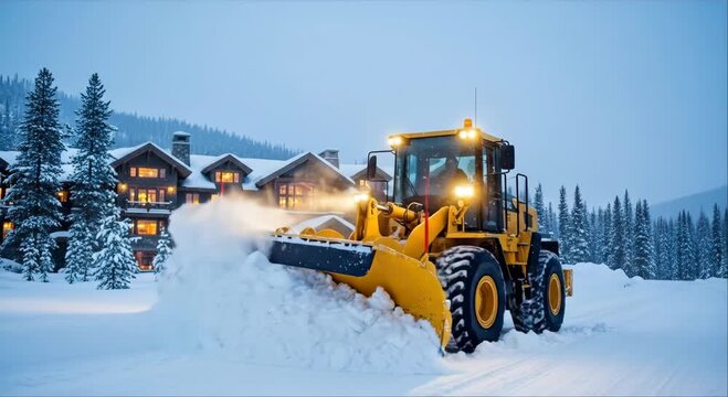 Snow removal service by commercial snowplow in winter, clearing large accumulation of snow from road near luxury building