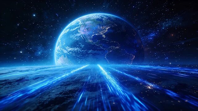 Planet Earth from space with blue data streams in starry universe