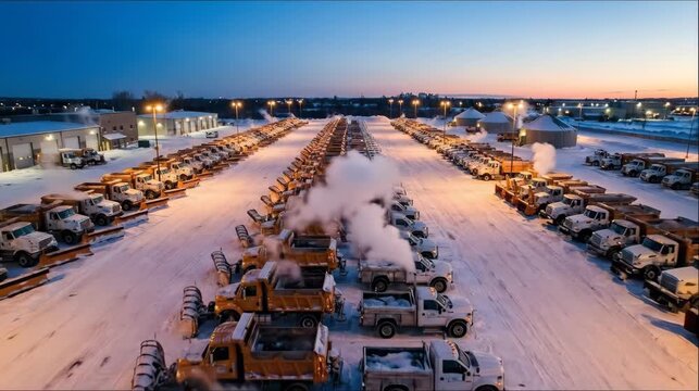 Snowplow truck fleet on snowy field at dawn, emitting steam and preparing for winter service. Urban infrastructure management