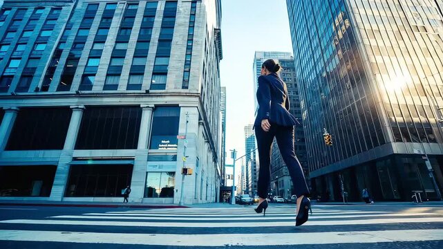 Woman in suit crossing the street in business district, backlit urban lifestyle