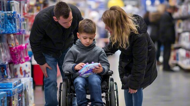 Disabled child on wheelchair with parents in shop ask to buy a toy for him in Books and toys fair,Special children's lifestyle,Life in the education age of special need kids,Happy disability kid conce