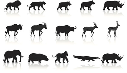 Animals silhouette set with diverse wildlife species and reflections featuring silhouettes, black, white with safari and nature elements for fauna, endangered projects, clean composition on simple © Devid 