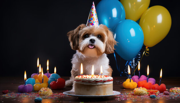 Lindo y esponjoso perro shih tzu con gorro de fiesta celebrando cumplea&ntilde;os divertido festivo. Mesa decorada, pastel, velas, globos de colores. Celebraci&oacute;n alegre con dulces, confeti y decoraciones.