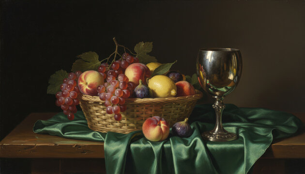 Ripe peach, grapes, lemon and figs in woven basket with reflective goblet on green silk, warm still life mood