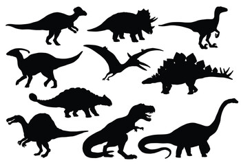 Dinosaurs silhouette set with various prehistoric species and flying creatures featuring silhouettes, animals, fossils with black and white elements for vector, illustration projects, clean © Devid 