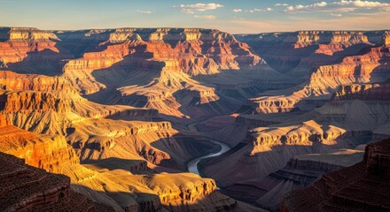 Expansive view of a deep canyon landscape at golden hour light