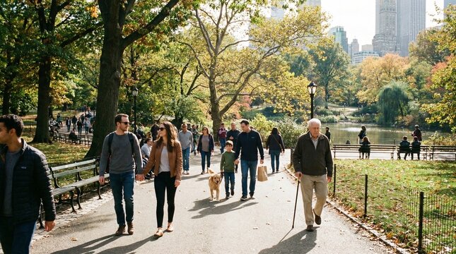 Autumn city park walkway with diverse men and women adults strolling among trees, calm weekend leisure mood, urban travel and lifestyle backdrop, Thanksgiving season outdoors