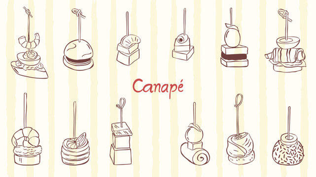 canape food - hand drawn doodle sketch drawing vector illustration collection set