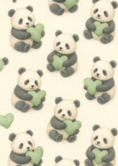 Fototapeta premium Cute pandas holding green hearts.