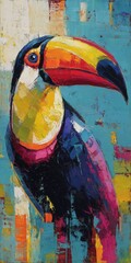 Fototapeta premium Colorful toucan painting with abstract textures and palette knife strokes