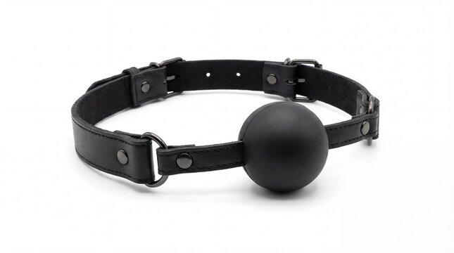 A black leather ball gag with a buckle and rivets on a white background