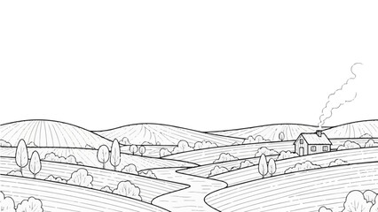 Obraz premium A serene rural landscape illustration featuring a house and rolling hills in a minimalist line art style
