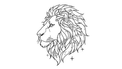 Obraz premium A minimalist line art illustration of a lion's head in profile, showcasing its majestic mane and regal expression.