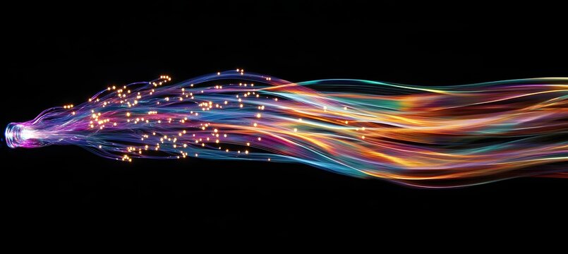 Dynamic burst of glowing fiber optics emitting sparkling particles and colorful light waves on black background representing high speed data transmission and advanced digital communications technology