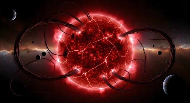 An image sun with many planets in the background and black hole.