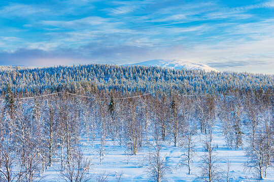 Landschaft im Winter mit Wald in &Auml;k&auml;slompolo, Finnland