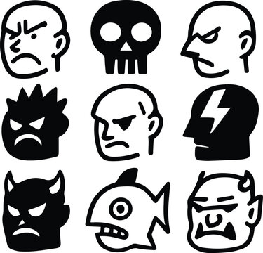 black and white mean,fish,monster head vector icons bundle illustration