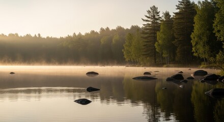 Fototapeta premium Peaceful lake view with fog and forest in the early morning light