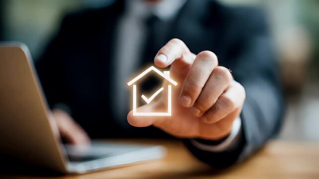Real estate business market, house home building purchase sale. A man in a suit intently focused on a laptop, his hand hovering over a house icon.