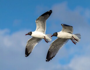 Obraz premium Two seagulls soaring in a bright blue sky with white fluffy clouds