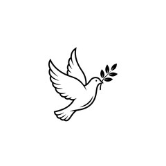 Obraz premium Dove with olive tree branch, black vector. International day of peace, charity. Easter religious service, good friday and palm sunday symbol. Peaceful intentions sign