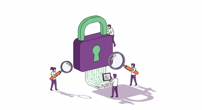 Tiny people examine digital data flowing from a large padlock, symbolizing cybersecurity and data protection concepts