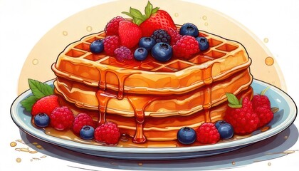 Stack of Delicious Waffles Topped with Fresh Berries and Drizzled with Syrup.
