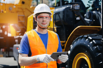 Engineer worker uses computer tablet to configure equipment. Service AI diagnostics and repair of hydraulic systems and hoses for industrial truck. © Parilov