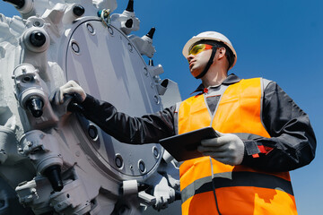 Miner male worker in protective gear with tablet computer examining mining equipment, milling machine