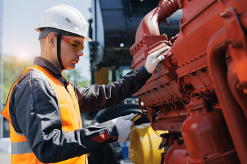 Caucasian male engineer inspecting heavy machinery, safety and precision in industrial setting
