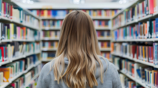 A woman with long hair is standing in a library with many bookshelves
