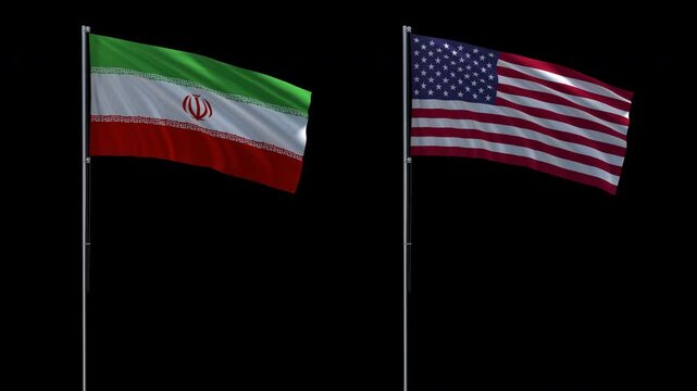 Two waving flags of Iran and United States on tall metal flagpoles, isolated on transparent background. Seamless 4K looping animation with realistic fabric motion.