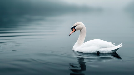 Fototapeta premium A swan is swimming in a body of water
