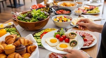 Delicious breakfast buffet with fresh food and pastries