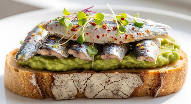 Delicious open-faced sandwich with sardines, avocado, and fresh garnishes on toasted bread. boczek