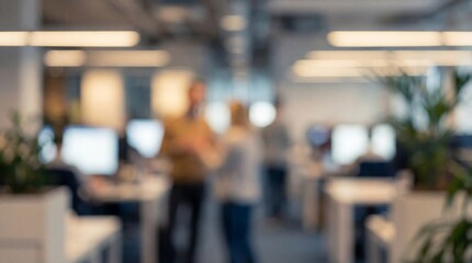 Fototapeta premium Blurred contemporary office interior with diverse employees collaborating in a modern corporate workspace setting during daylight hours